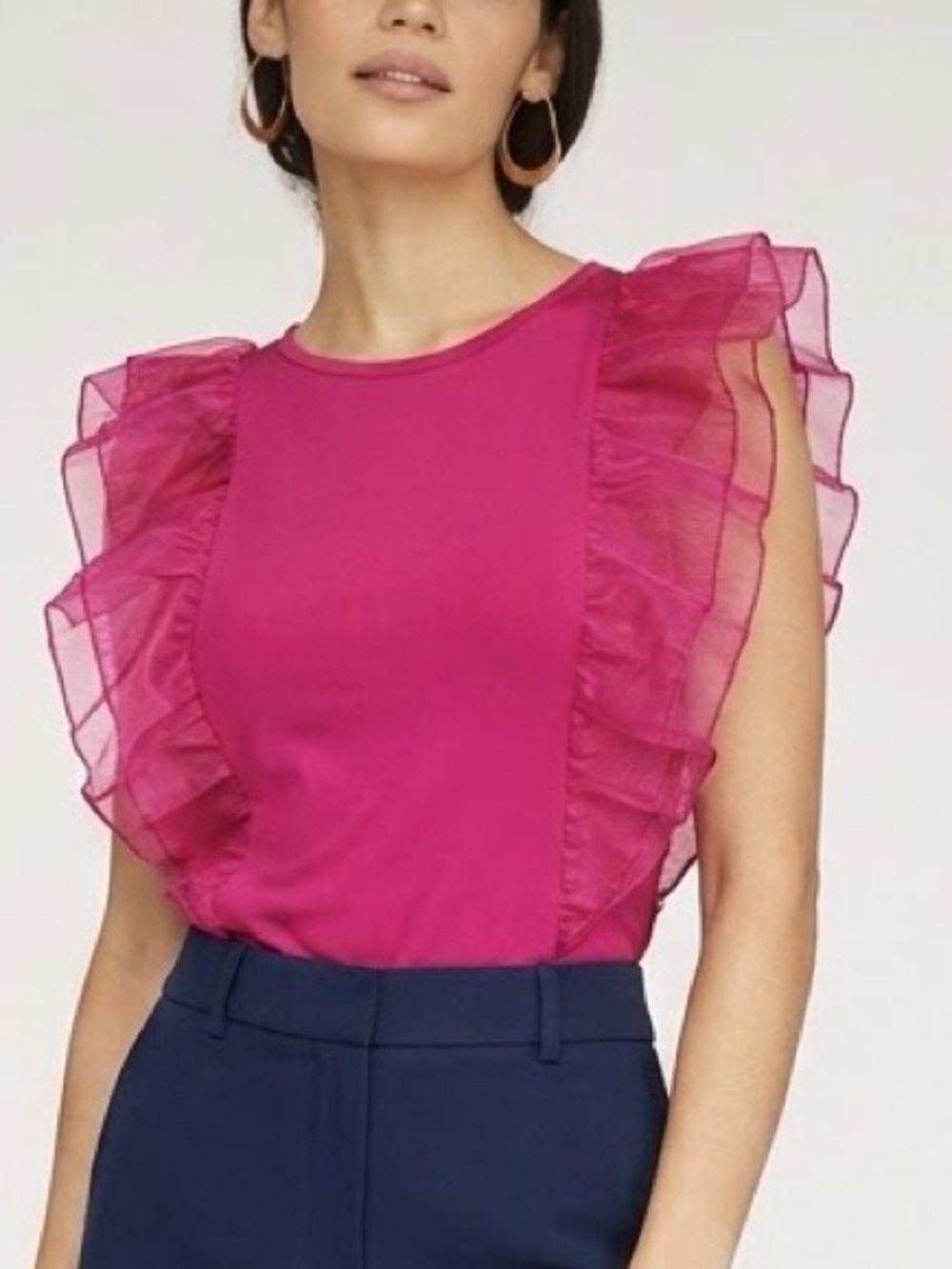 NEW Celebrity Hot Pink Ruffle Flutter Sleeve Top Fuchsia Organza LARGE